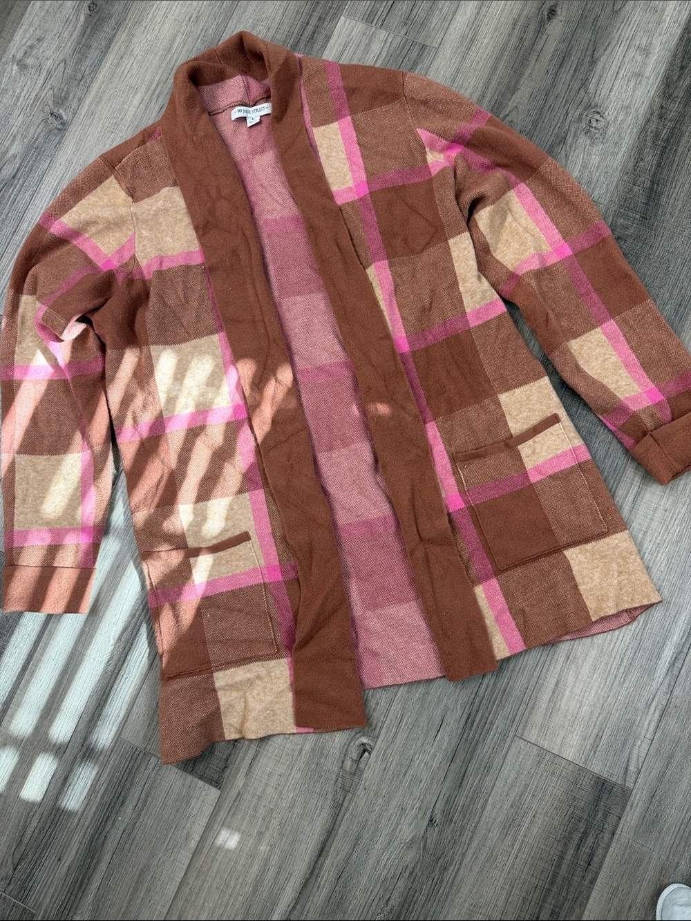 Open-Front Plaid Cardigan Sweater - Pink & Brown